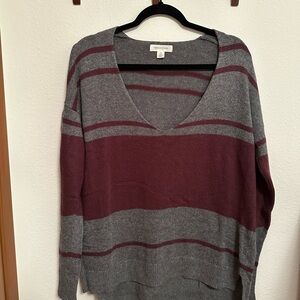 Treasure & Bond Gray and Burgundy Striped V-Neck Sweater